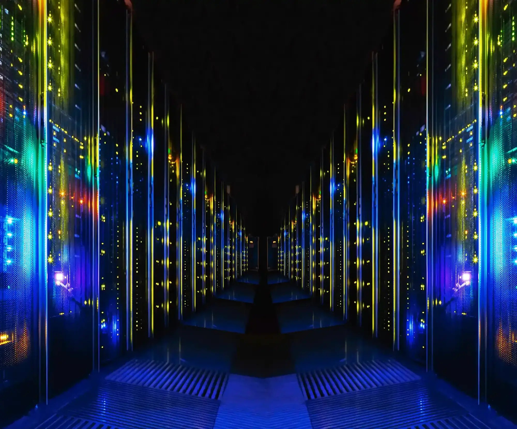 Dark corridor between data banks with operational lights-1