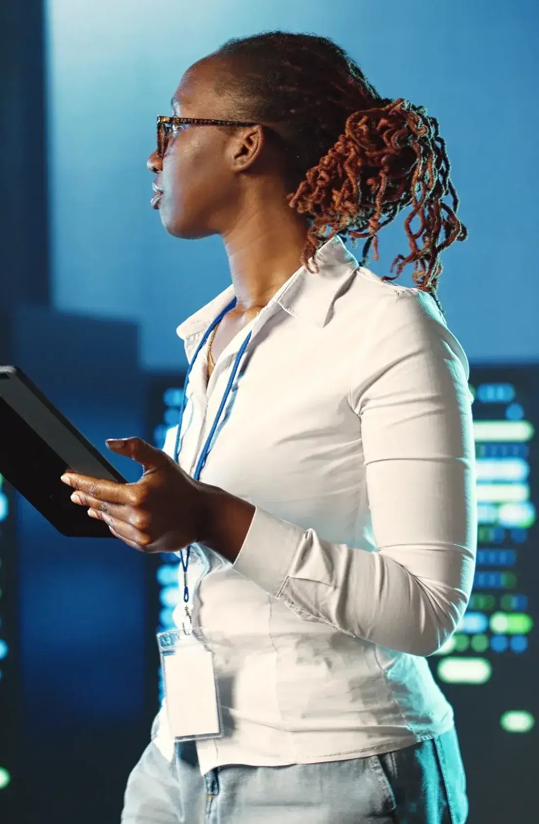 Data analyst in data centre looking away-1
