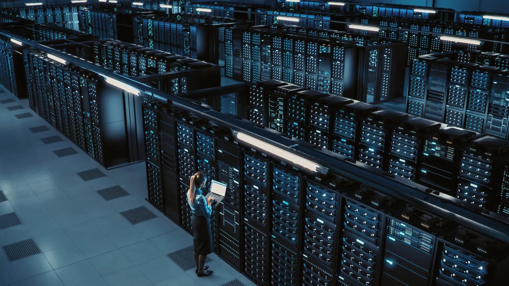 Data center personel assessing bank performance in a large facility