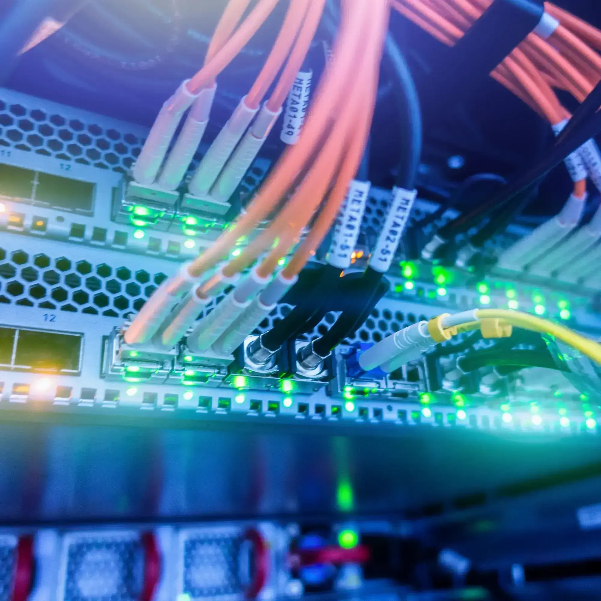 Heavy duty data cables conneected into data ports with green lights-1