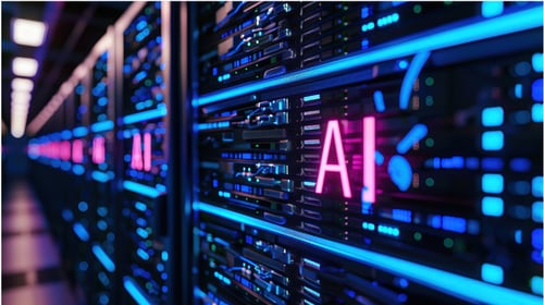 Server room with floating lettering saying ai