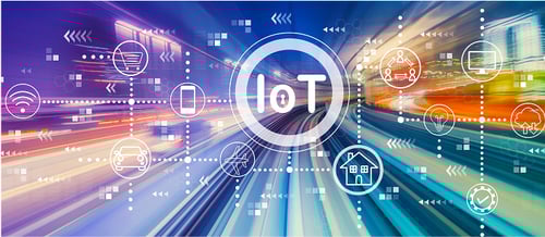 abstract circle with colourful lines coming from it with IOT spelled out