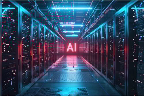 long Server room with floating lettering saying ai