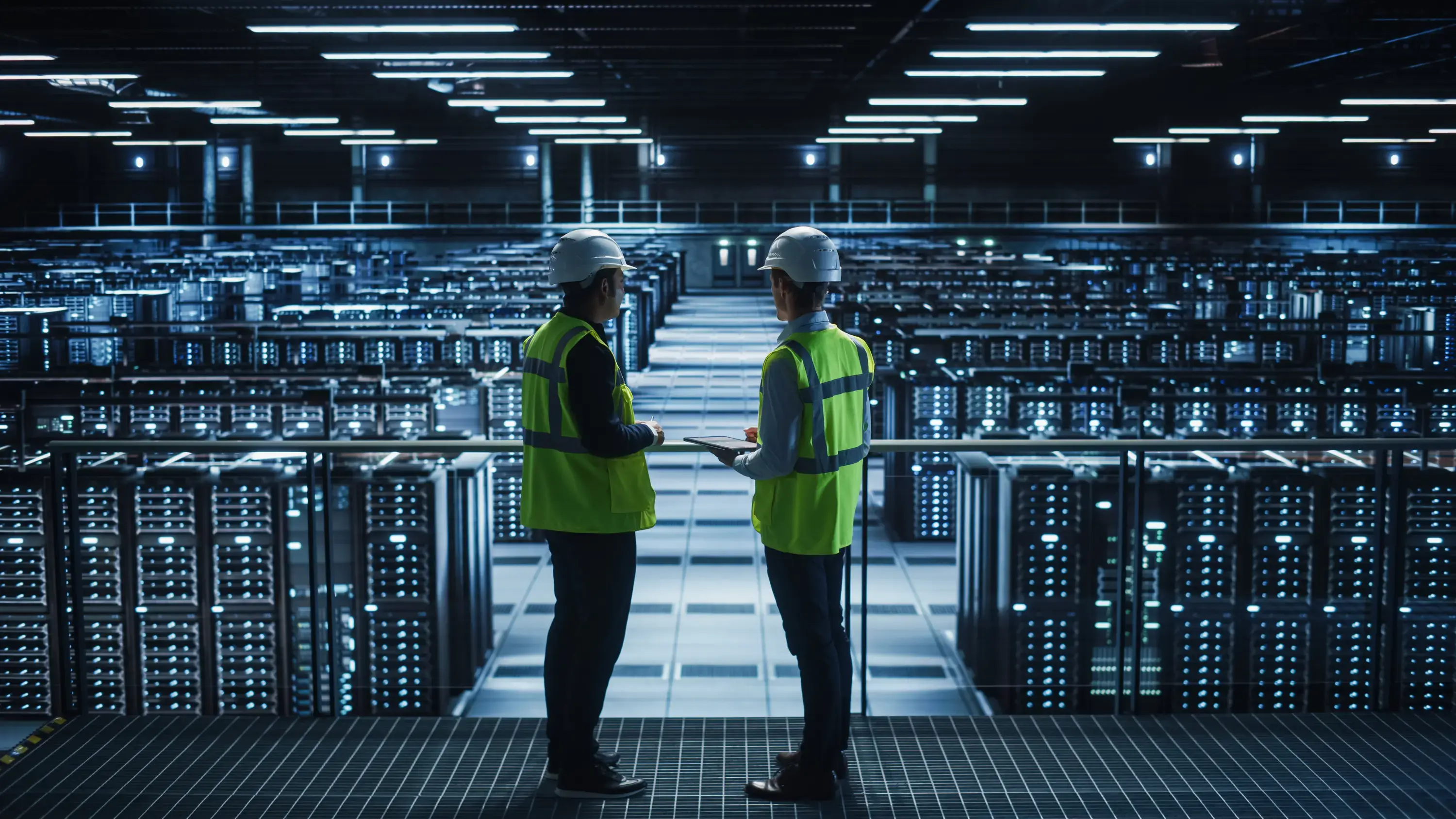 2 data center operators with hard hats talk in front of a large facility of data banks