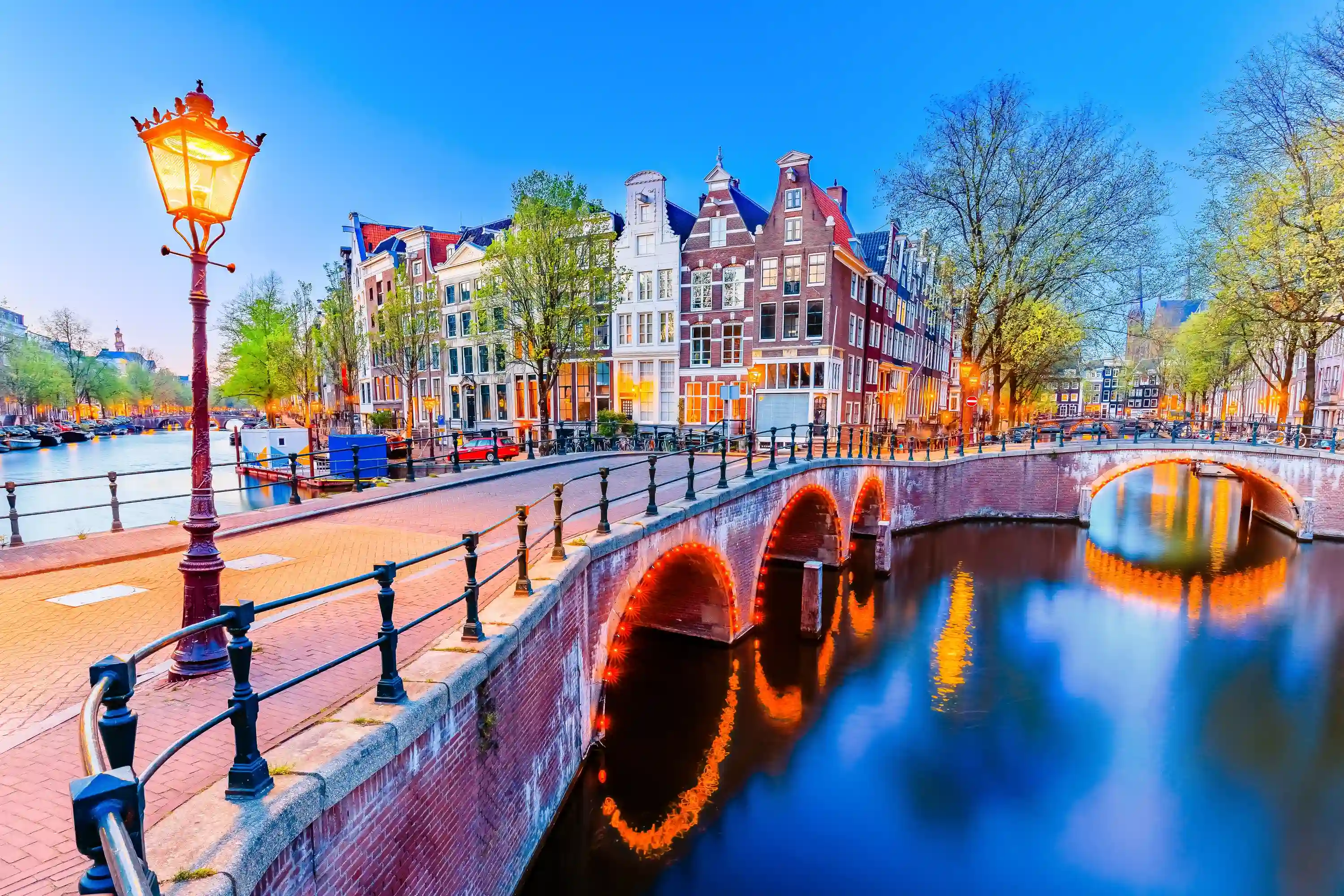 Amsterdam, waterways with lights on the bridges