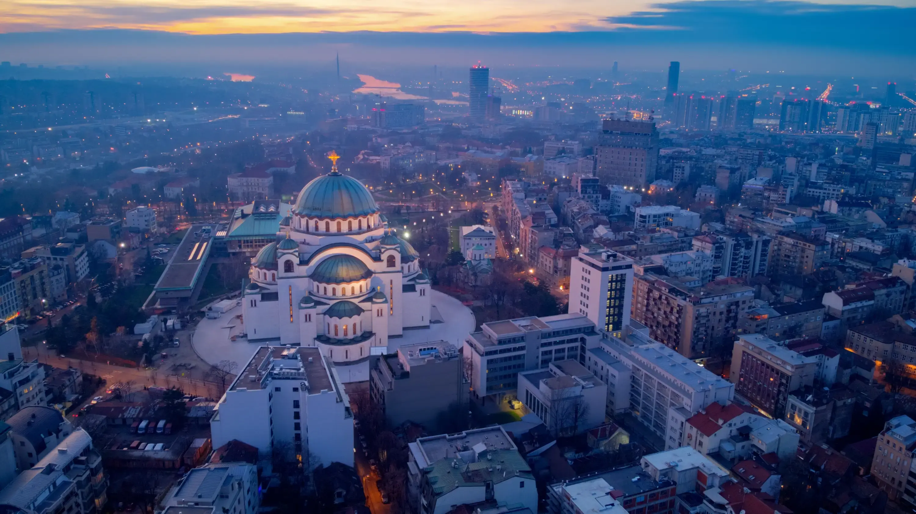 Belgrade Serbia, at night wioth buildins lit up