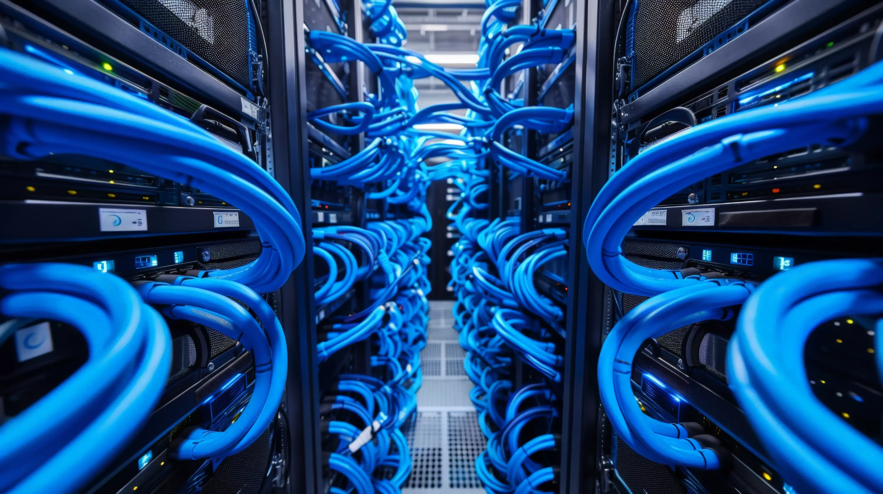 Blue data cabling connecting dozens of data banks