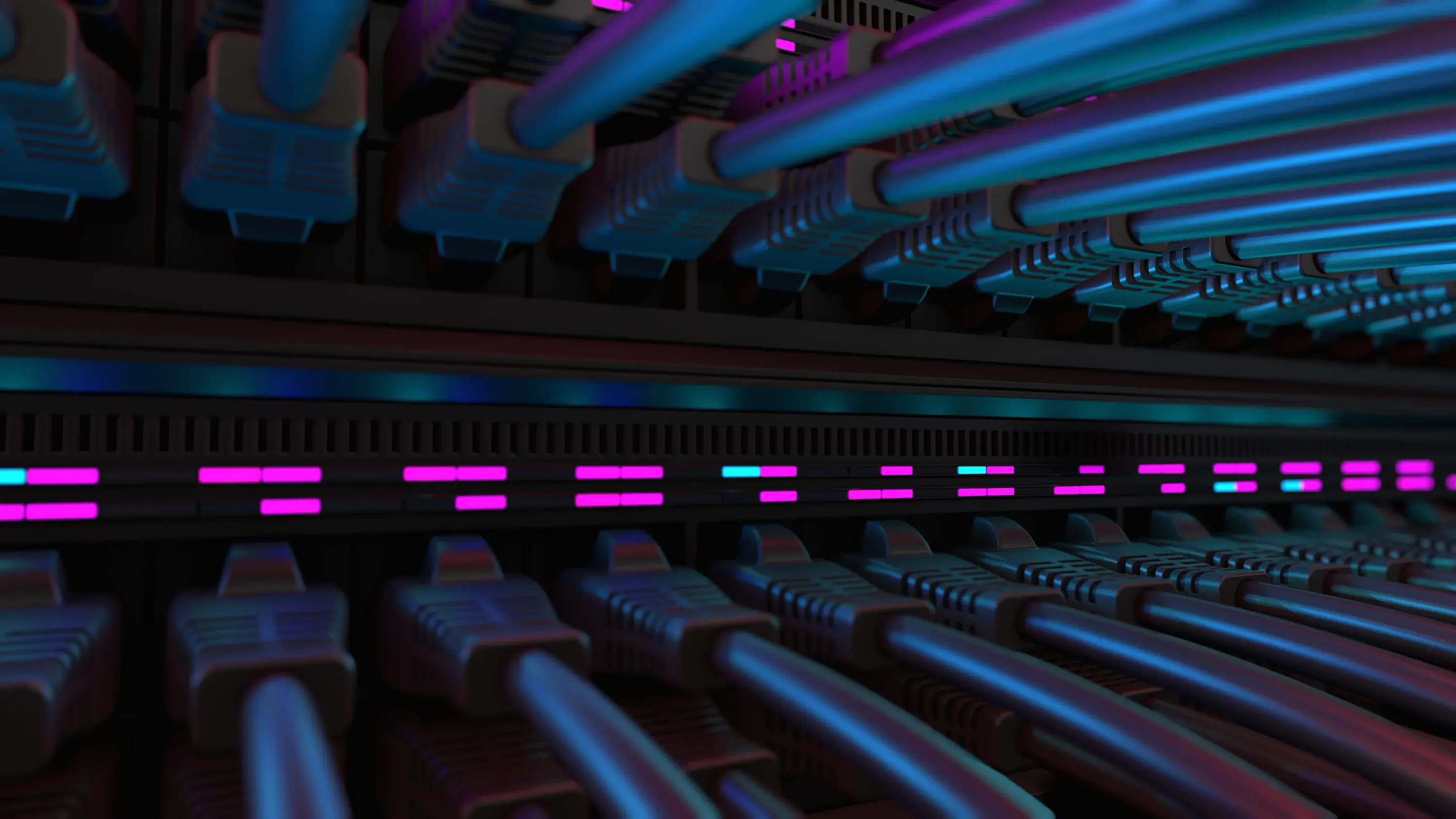 Close up shot of 2 rows of data cables connecting with pink lights below