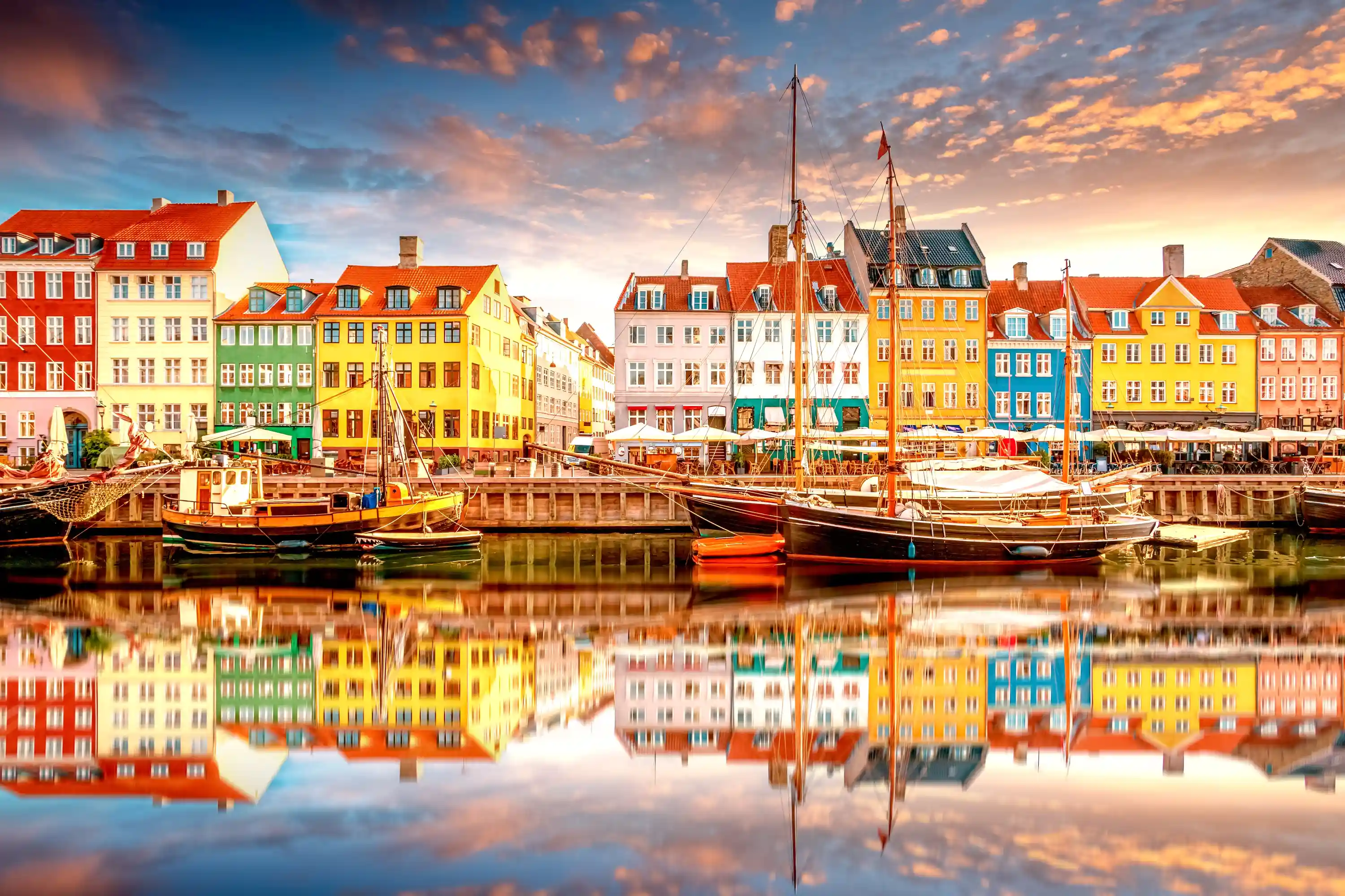 Copenhagen Denmark, colourful houses reflecting in the river