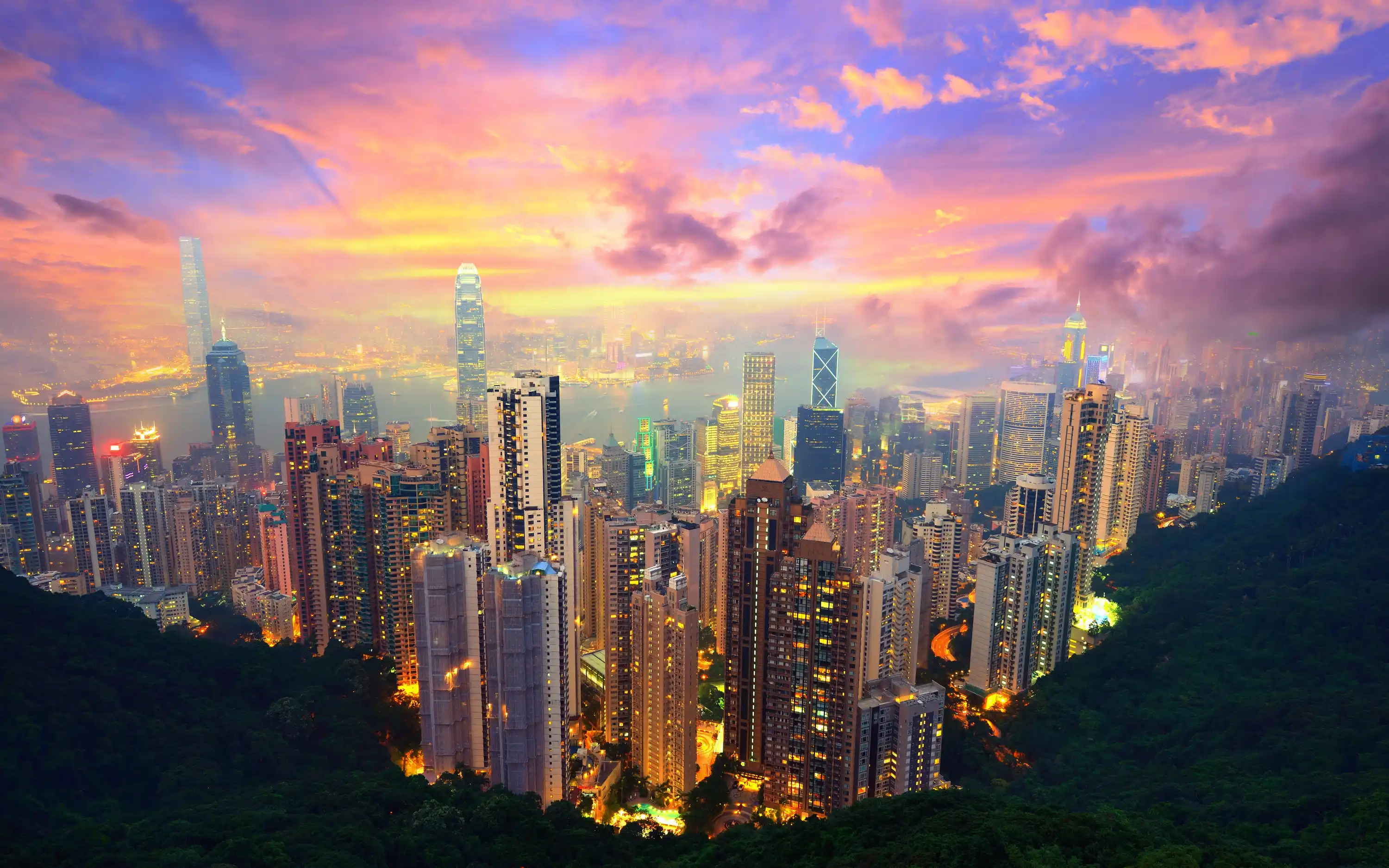 Hong Kong, from the mountains with a colourful sky