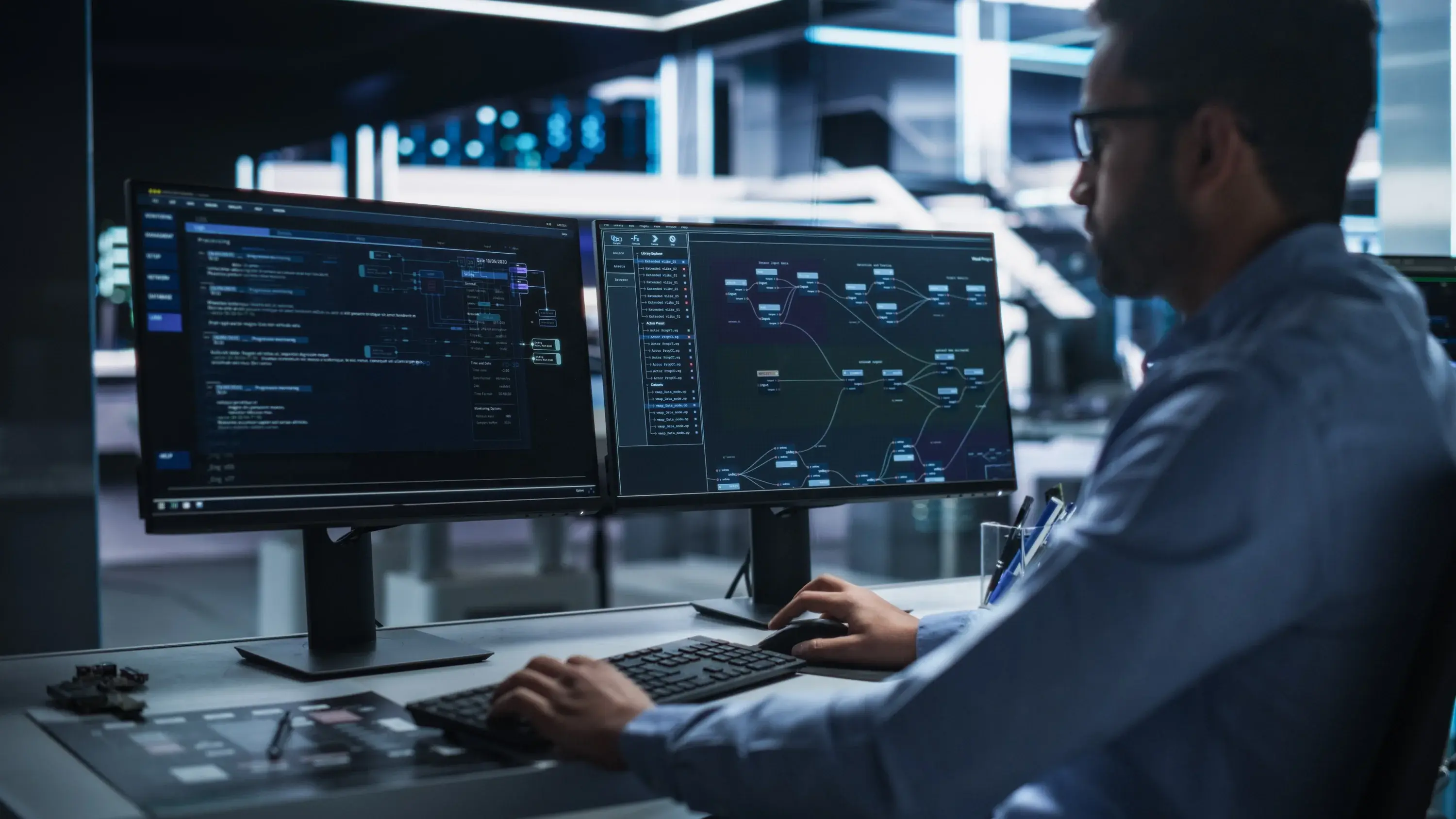 IT Specialist Working on 2 Screens on Big Data, AI Analysis and Code