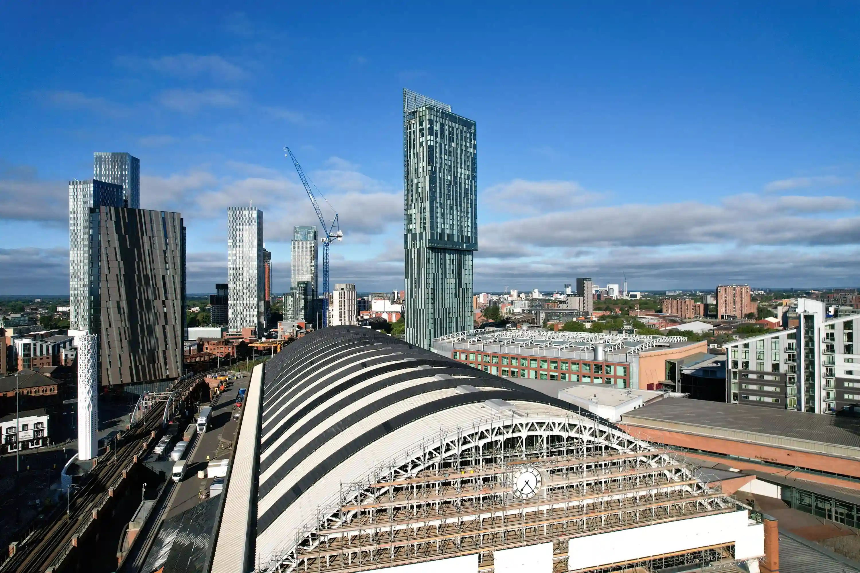Manchester skyline of glass towers behind Central