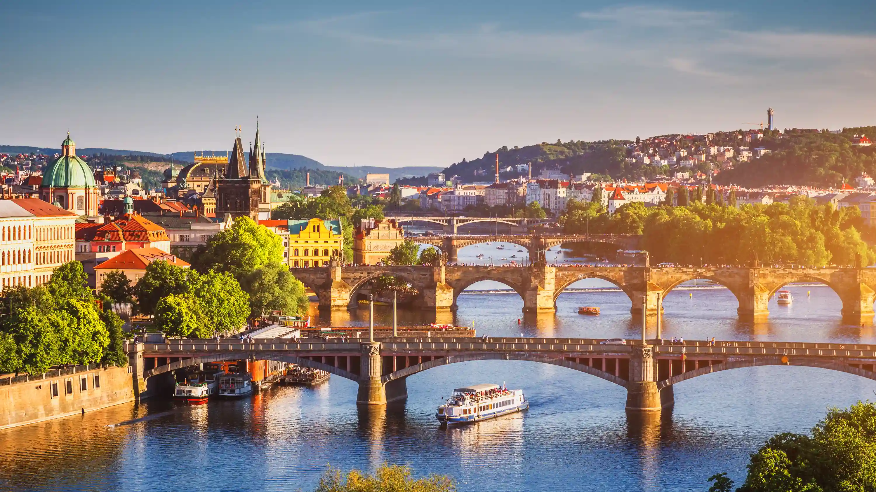 Prague, with 4 bridges across the wide river