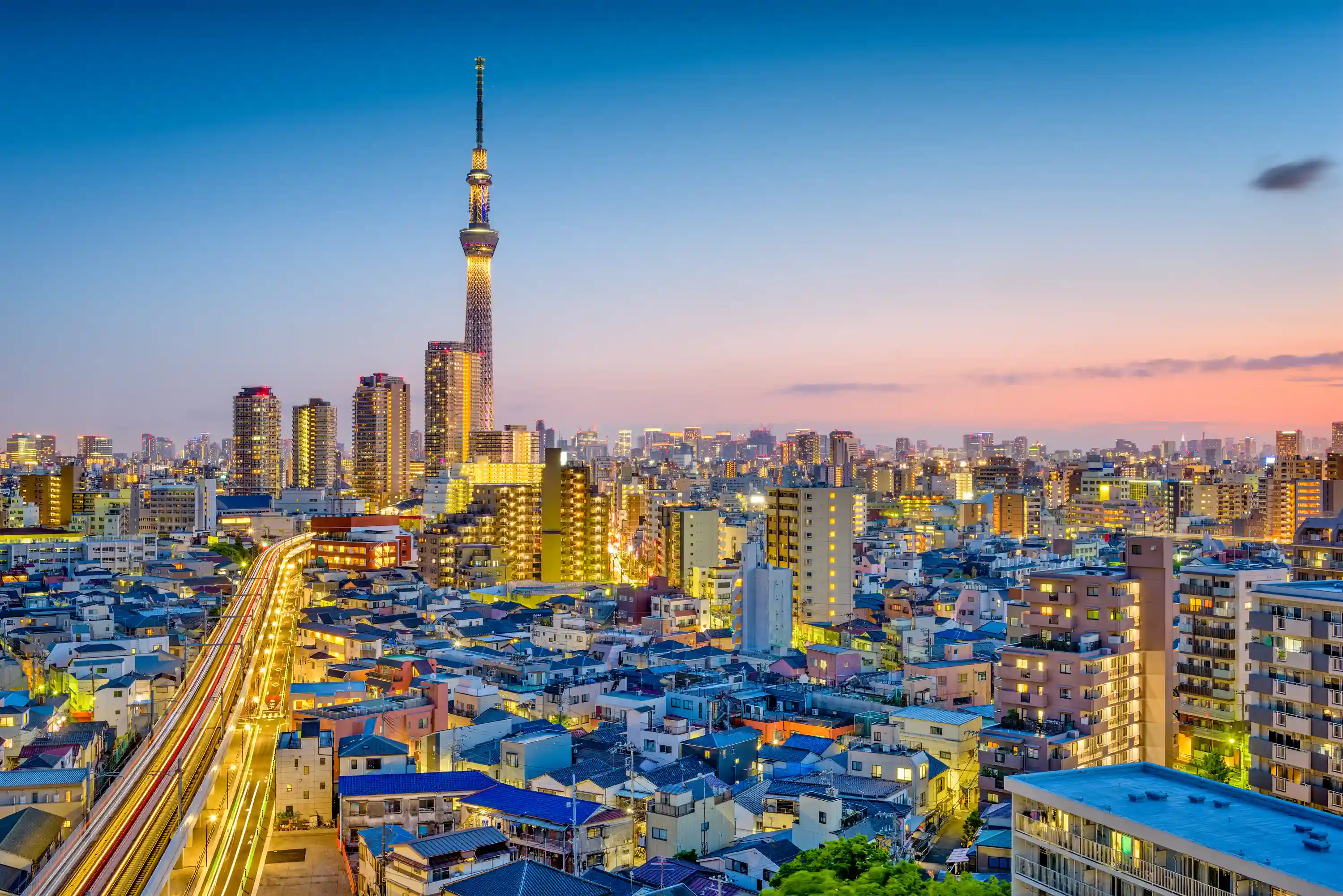 Tokyo Japan, lit up at dusk