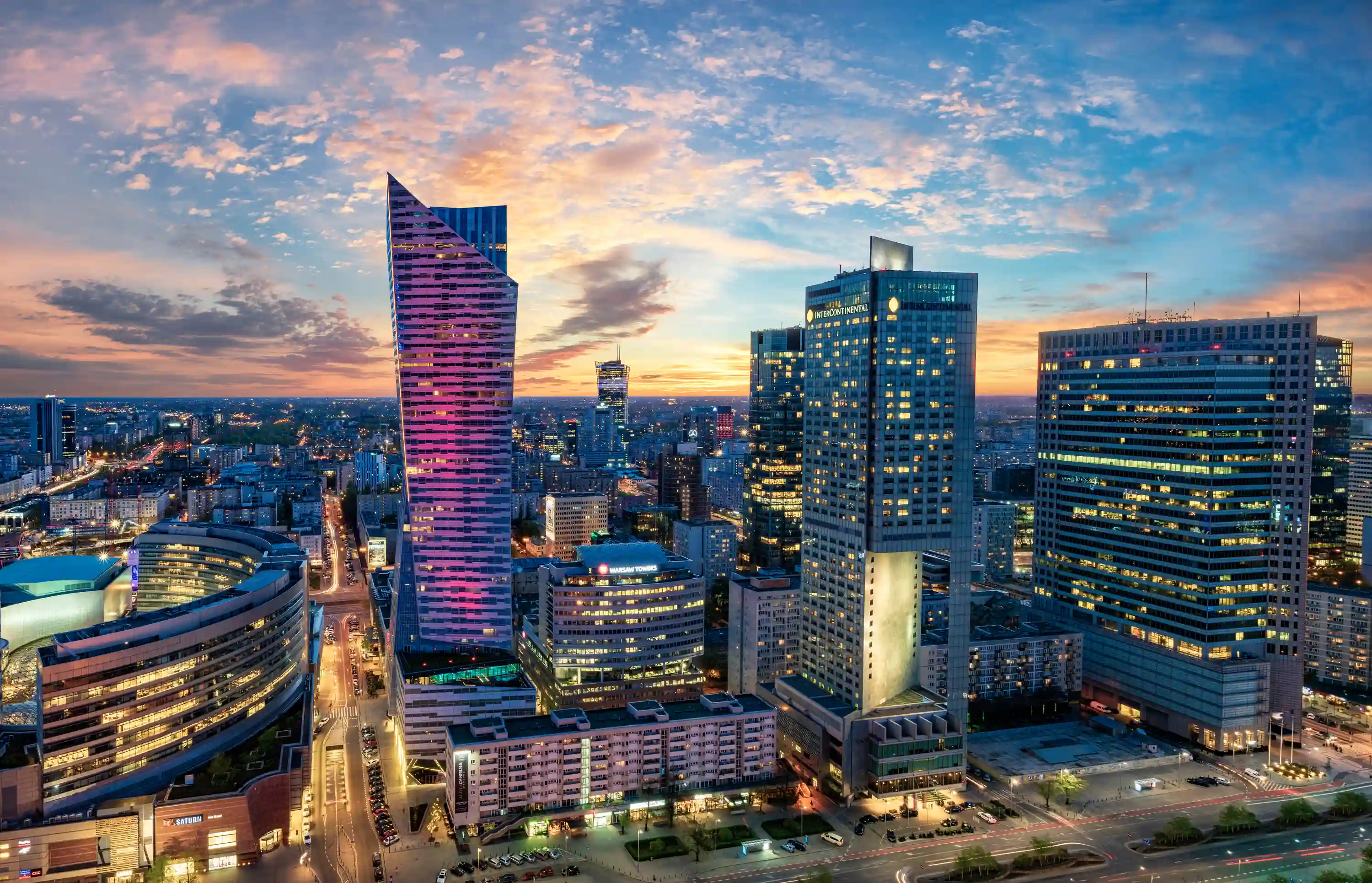 Warsaw Poland, at dusk with the city in lights