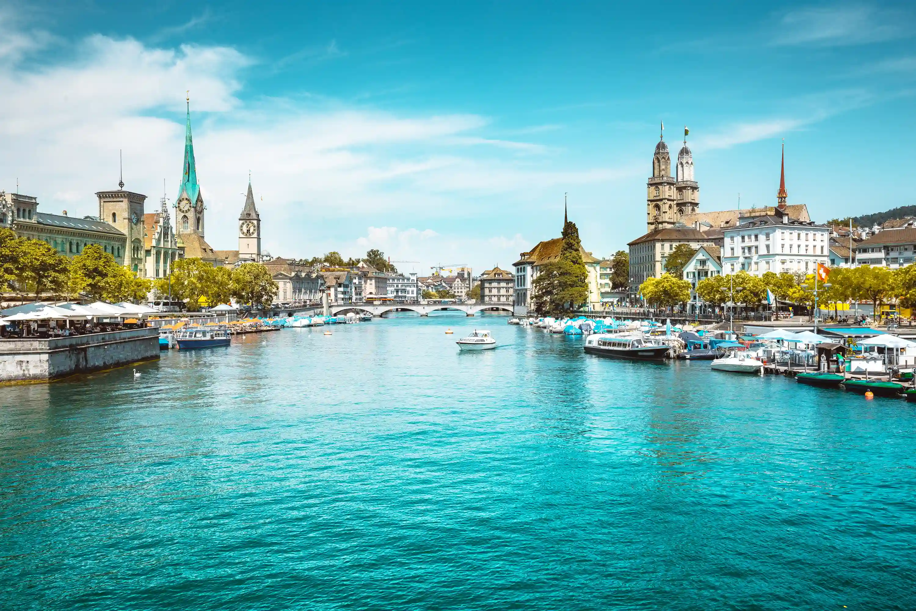 Zurich Switzerland, looking down the river with the city either side